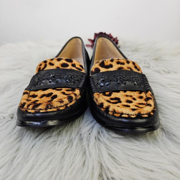 Jack Rogers Remy Calf Hair Leopard Print Loafers Black Leather SlipOn Flats 5.5B - Picture 5 of 13